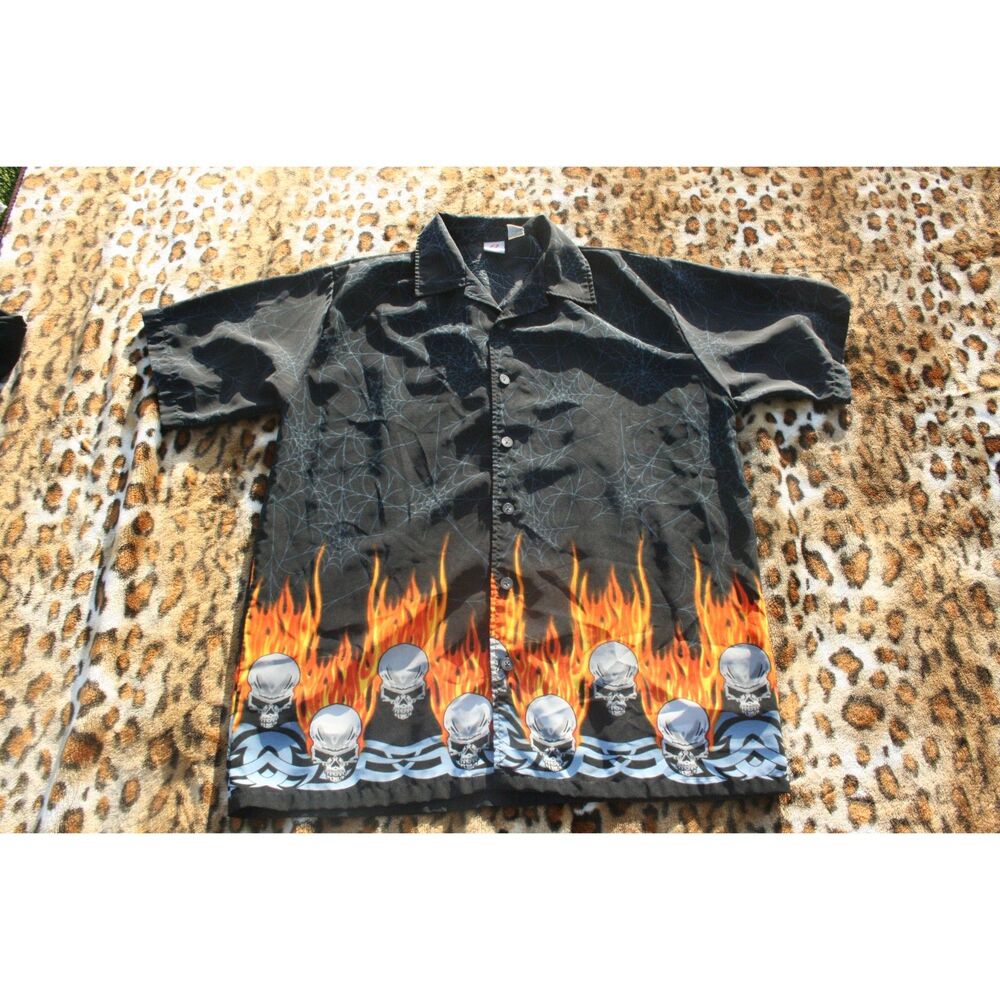 Anchor Blue Oakley Software Style Flame Button Up AOP Vintage Grunge Y2K Sz L